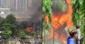 উত্তরায় বিধ্বস্ত বাংলাদেশ বিমান বাহিনীর যুদ্ধবিমান
