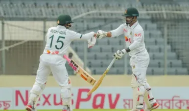মুশফিকের লড়াই ও তাসকিনের ক্যামিও: প্রথম ইনিংসে বড় সংগ্রহ টাইগারদের